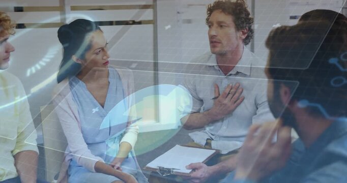 Leader opening biz meet gesturing with clipboard while holo overlay marking notes and guiding team