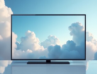 Fototapeta premium A modern flat screen TV sits atop a table, ready for use