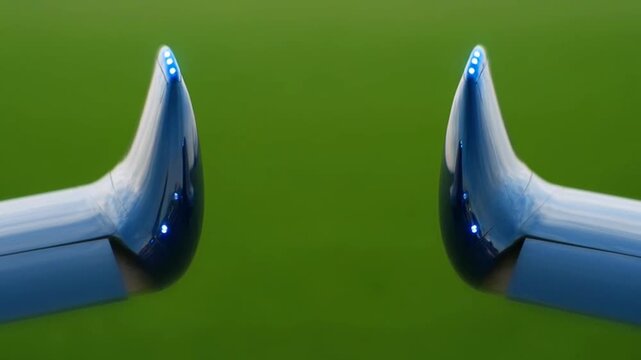 Airplane wing tips on green field.