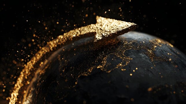 A gold arrow pointing upwards on a globe with a black background