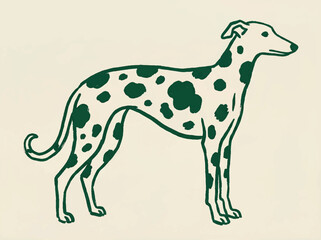 Obraz premium Stylized green outline illustration of greyhound-like dog with spotted pattern on beige background representing minimalist artistic pet design