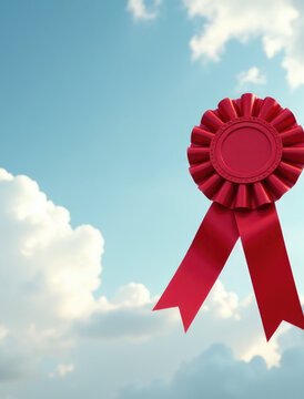 A bright red rosette ribbon stretched across a clear blue sky, perfect for adding a pop of color to any design