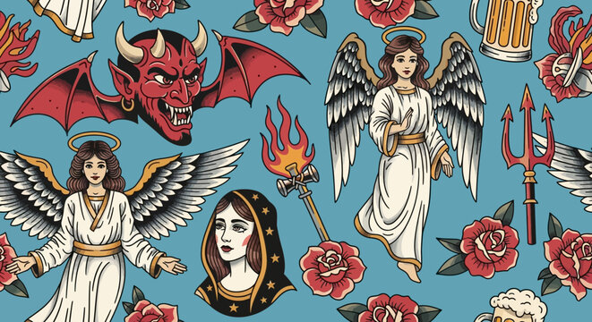 Vintage Old School Tattoo Seamless Pattern with Angels, Red Devil, Roses, and Religious Icons. Classic Traditional Flash Art Background for Apparel and Wallpaper Design.