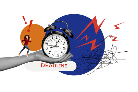 Trend artwork composite sketch image collage of time deadline late schedule young woman hand hold clock young lady miniature walk huge arm
