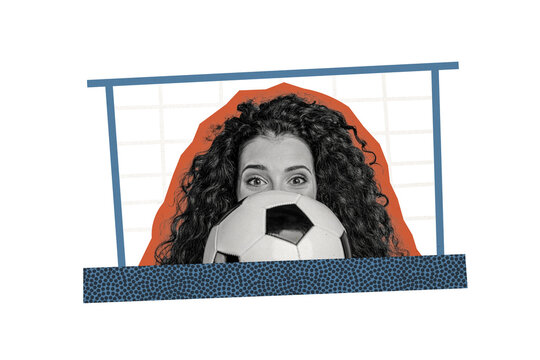 Composite photo collage of cunning sports girl peek football ball goalkeeper net gate activity euro league isolated on painted background
