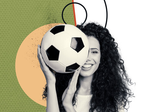 Creative poster collage of&nbsp;funny young sportswoman play football sport hide face cheerful&nbsp;bizarre unusual fantasy billboard
