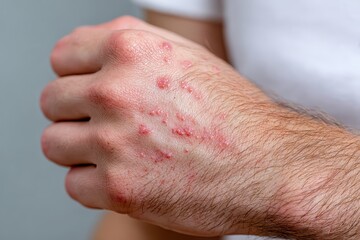 Fototapeta premium Close-up view of a person's hand showing a rash with red bumps and irritation on the skin.