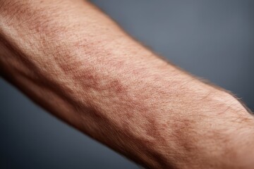 Fototapeta premium Close-up macro shot of human skin texture on an arm with visible pores and fine hairs, showing a slight rash or irritation.