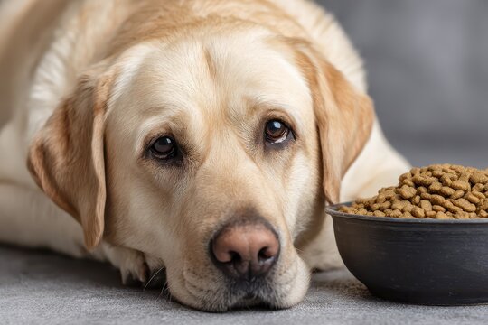 A sad-looking Labrador Retriever dog lying down next to a bowl of dry dog food, looking directly at the camera.