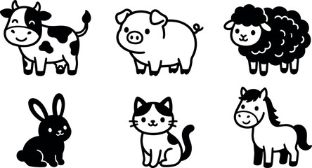 Obraz premium Black and white cartoon farm animals set with cow pig sheep rabbit cat and horse