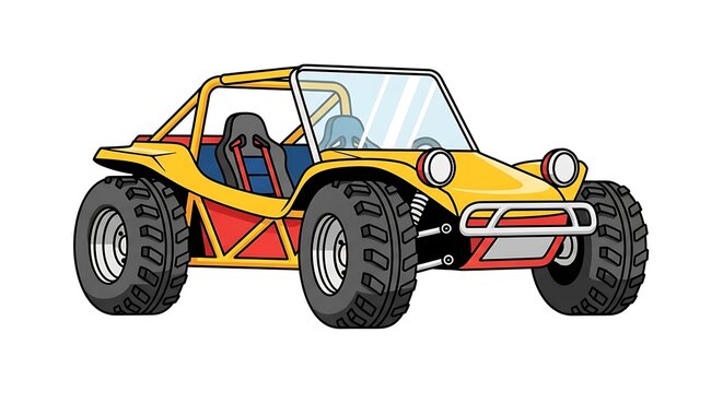 Yellow dune buggy cartoon vehicle.
