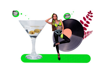 Composite photo collage of sexy girl wear costume martini glass beverage recorder disk vinyl party...