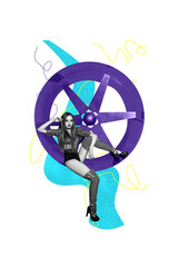 Vertical composite collage image picture of mini black white effect girl sit big wheel isolated on...