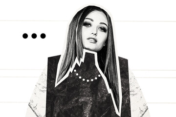 Composite photo collage of happy girl stylish hairdo brunette wig necklace jewelry accessory...