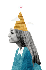 Vertical collage image young smiling girl reach target dream accomplishment goal achievement clouds...