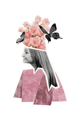 Vertical photo collage of happy girl half face bouquet wildflowers spring atmosphere butterfly...