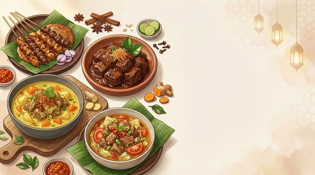 A vibrant and delicious spread of traditional Indonesian cuisine, featuring classic dishes like satay, beef rendang, and flavorful soups, beautifully arranged for a culinary feast
