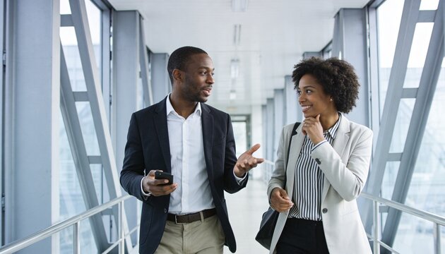 Two professional black colleagues walking and talking in a modern office corridor. Businessman and businesswoman networking and collaborating on a project.