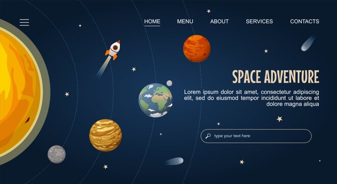 Space Adventure landing webpage template with solar system and space objects. Vector illustration