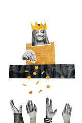 Vertical poster collage young woman headwear crown royal accessory give money golden coins generous...