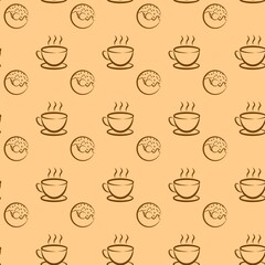 Fototapeta premium Hot coffee cup and donut seamless pattern. Hand drawn coffee cup and donut seamless background. Cup of coffee and donut line art drawing. Seamless hot coffee doodle background