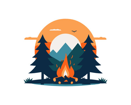 Campfire in Forest at Sunset With Mountains and Pine Trees - Outdoor Camping Scene. Ai Generated Vector