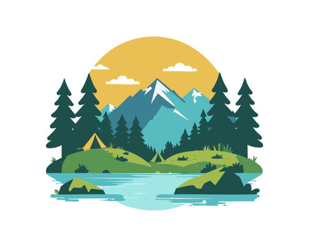 Camping By A Mountain Lake Surrounded By Pine Forest With Sunrise And Tent Outdoors. Ai Generated Vector