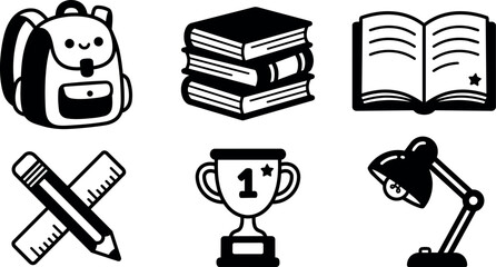 Fototapeta premium Black and white line art school icons including backpack books open book pencil ruler trophy and desk lamp