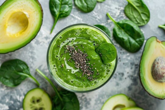 Suco verde detox refrescante em copo de vidro com sementes de chia, abacate, ma&ccedil;&atilde; verde e espinafre