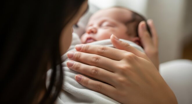 Close da m&atilde;o de uma m&atilde;e abra&ccedil;ando seu beb&ecirc; rec&eacute;m-nascido dormindo, conceito de maternidade e amor