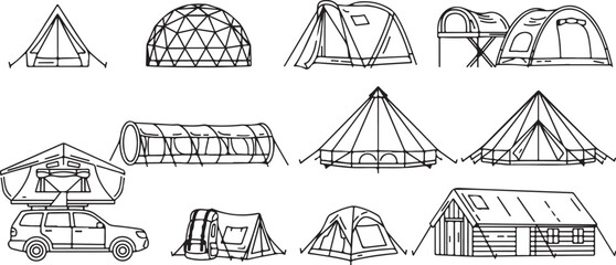 Fototapeta premium Architectural line drawings showcasing various roof and bridge designs Vector