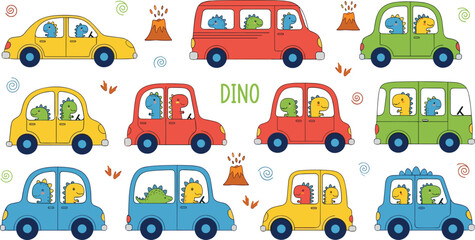 Obraz premium Cute Dinosaurs in Colorful Cars with Volcanic Background for Children's, Fun, and Animal Illustration Projects