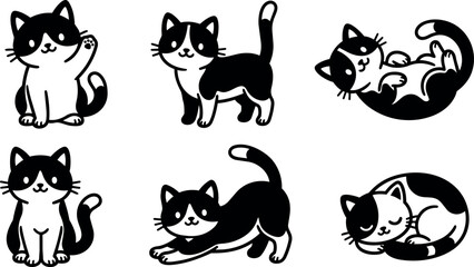 Fototapeta premium Black and white playful cat poses vector line art set