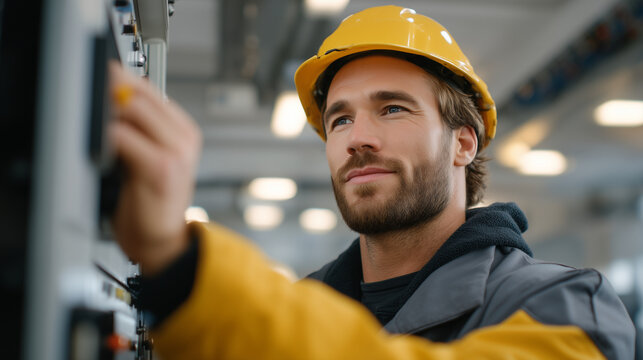 Technician performs maintenance inspection on hydrogen fuel cell stack removing protective panel in industrial facility with safety equipment visible nearby, perfect for alternative energy operation