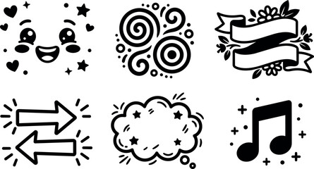Obraz premium Black and white vector icons happy face swirls floral ribbon arrows speech bubble and music note