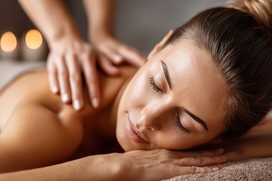 Close-up of a woman receiving a relaxing shoulder massage with soft candlelight in a serene spa environment.