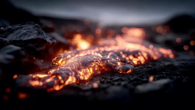 Outdoor exploration adventure. A closeup of molten lava flowing into the ocean. The fiery orange and yellow hues of the lava contrast with the deep black of the surrounding lava.