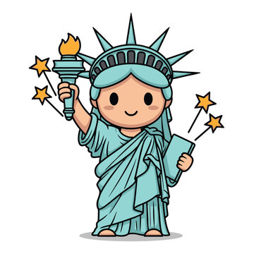 Kawaii cartoon illustration of the Statue of Liberty holding a torch and tablet, wearing a spiked crown, surrounded by colorful stars, isolated on white for patriotic US holidays.