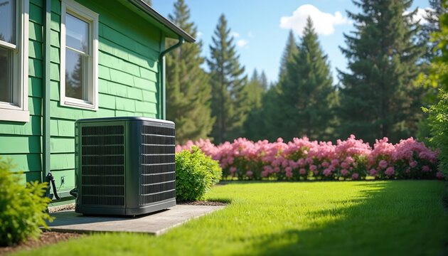 Central air conditioner unit outside green house with manicured lawn and flowering bushes. Residential home cooling system in suburban backyard on a sunny day.