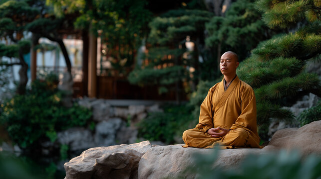 Peaceful monastery garden with monk's brain activity monitor showing increased gamma waves in prefrontal cortex during deep meditation practice at sunrise, ideal for consciousness studies, contempla