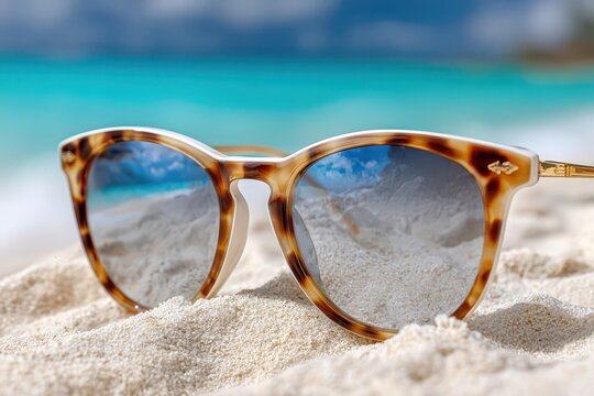 Stylish tortoiseshell sunglasses resting on a sandy beach with a blurred turquoise ocean and sky background.