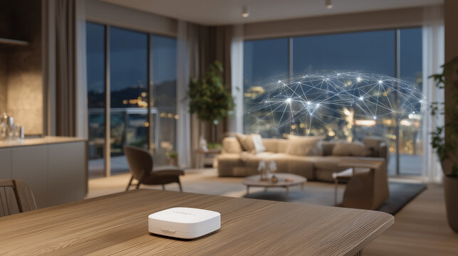 Networked home devices creating vulnerable attack surface map throughout modern apartment with security gaps highlighted between router and connected appliances, perfect for smart home security IoT 
