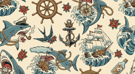 Vintage Old School Nautical Tattoo Flash Art Background with Sharks, Sailing Ships, Anchors, and Roses © Rayan