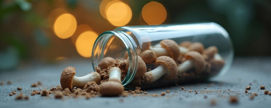 Psilocybin mushrooms and microdose capsule spill from glass jar. Organic fungi for therapy and wellness. Natural medicine alternative, research in lab.