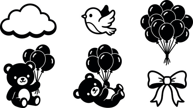 Black and white teddy bear holding and floating with balloons with cloud bird and ribbon vector art
