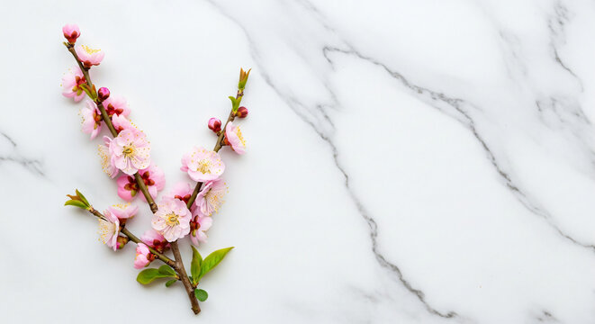 Ume Blossom, Plum Flower, ume blossom flowers branch spring floral, light fresh floral, Luxury Marble, Flatlay view