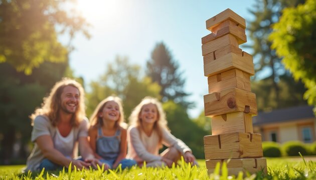 Father and two daughters sit on green grass playing giant block game. Children laugh with joy while watching tower build. Sun shines brightly.
