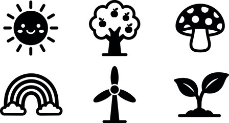 Fototapeta premium Black and white cute sun apple tree mushroom rainbow wind turbine sprout icons set