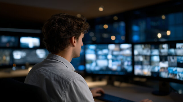 Digital forensics specialist trains neural network to recognize deepfake artifacts using comparison database of authentic versus manipulated media samples on curved monitor array, ideal for AI verif