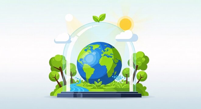 Earth protected inside a glass dome with trees and greenery, symbolizing environmental protection and sustainability.